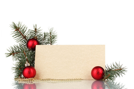 空白明信片 圣诞球和杉木树上白色隔离
