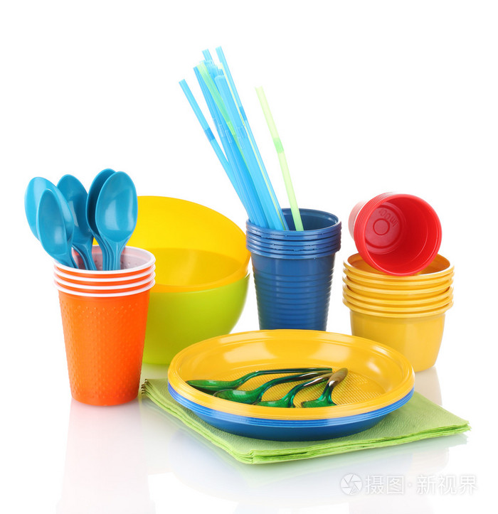 明亮的塑料餐具和餐巾上白色隔离照片-正版商用图片03v1c0-摄图新视界