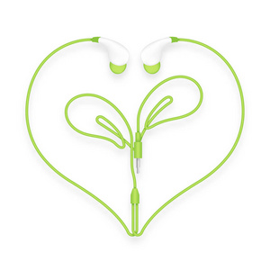 耳机, 在耳型绿色和叶子植物符号与心形框架制成的电缆隔离在白色背景, 与复制空间
