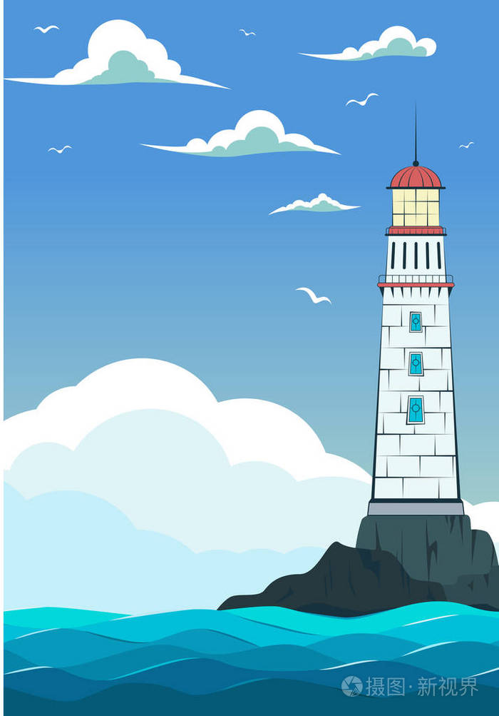 蓝色的大海与海浪和灯塔插画-正版商用图片03v2uy-摄图新视界