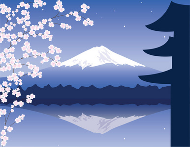 矢量富士山和樱花的分支
