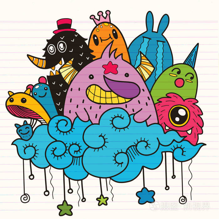 矢量插图的涂鸦可爱的怪物背景, 手绘涂鸦插画-正版商用图片03v7j1-摄