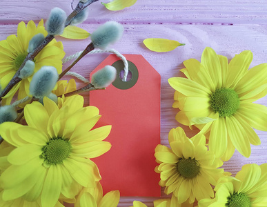 黄色菊花在粉红色的木质背景, 母亲节, 标签, 柳树