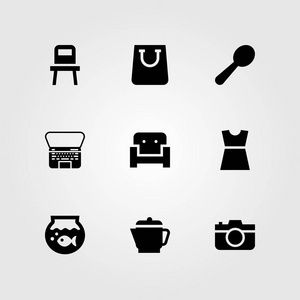购物矢量图标集。相片照相机礼服水壶和椅子