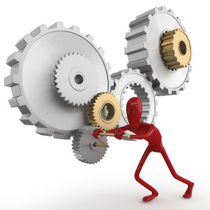 男孩推的齿轮杠杆推动大齿轮的等距业务团队3d白种人推齿轮推动齿轮