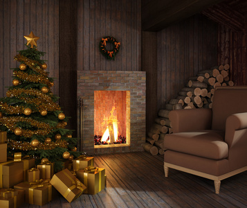 Rustic huts fireplace at christmas