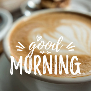 口味很好咖啡与心脏的顶部视图.早上好贺卡设计照片