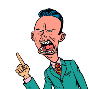 愤怒的怀疑商人点手指手势照片