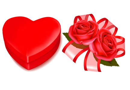 情人节那天背景。红玫瑰和礼物红色蝴蝶结。矢量图