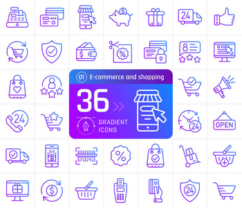 网上购物和电子商务线图标设置。象形文字收集