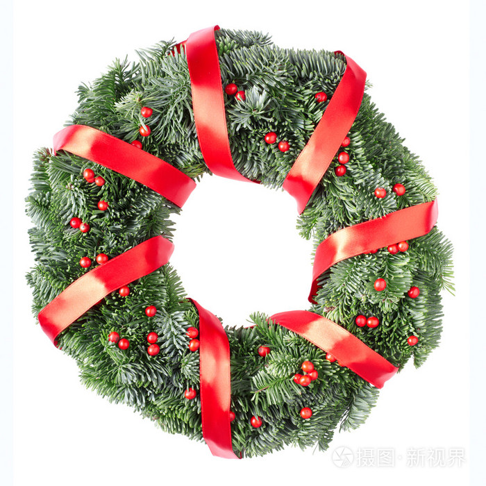 圣诞松树花圈红丝带