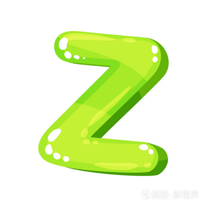z 绿色光泽明亮的英文字母, 儿童字体矢量插图白色背景
