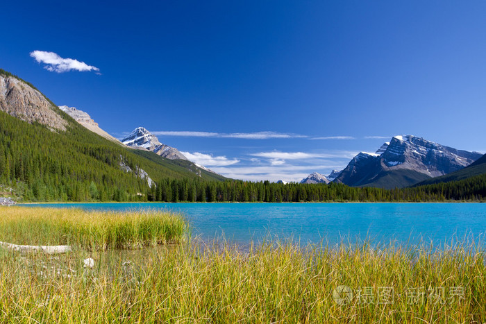 湖与绿松石的蓝色水, 洛矶山脉和晴朗的天空