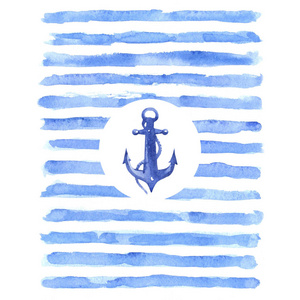 水彩手绘航海插图与锚和绳索
