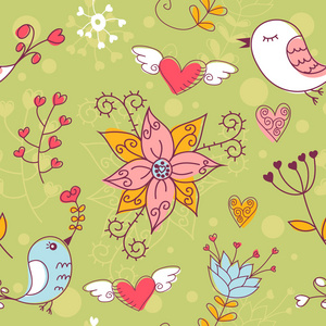 爱花和鸟的无缝的纹理
