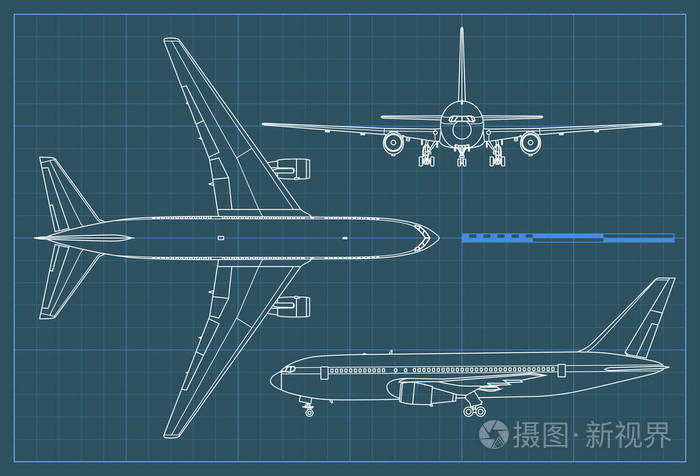 飞机工业蓝图.蓝色背景上的矢量轮廓绘制平面.顶部,侧面和前视图