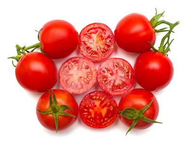 西红柿的整个切片的孤立在白色背景的集合。美味又健康的食物。平躺，顶视图