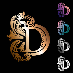字母 D, 装饰与复古, 优雅的花朵和树叶条纹 符号, 标志, 标志 在黄金, 白银和其他颜色