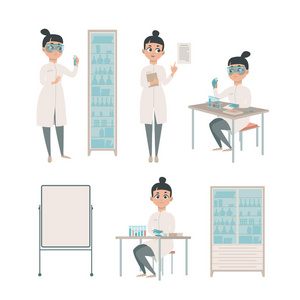 女科学家在实验室的大衣。实验室和设备。不同姿势下的矢量卡通人物