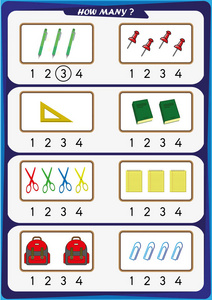 幼儿园孩子的工作表, 计算对象数, 学习数字 1, 2, 3, 4