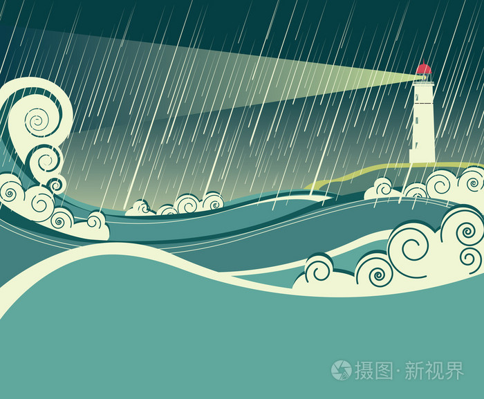 灯塔和海洋在暴风雨的夜晚