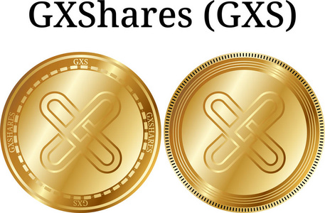 一套实物金币 Gxshares Gxs, 数字 cryptocurrency。Gxshares Gxs 图标集。在白色背