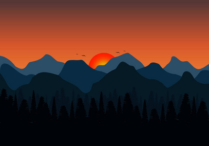 山的自然背景。夕阳景观背景和森林剪影。矢量插图