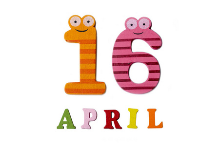 4月16日在数字和信件的白色背景照片