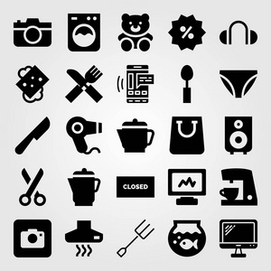 购物矢量图标集。玩具, 叉子, 电视和餐具