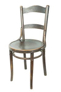 一个老式的棕色木制脏椅子上的白色背景, 孤立