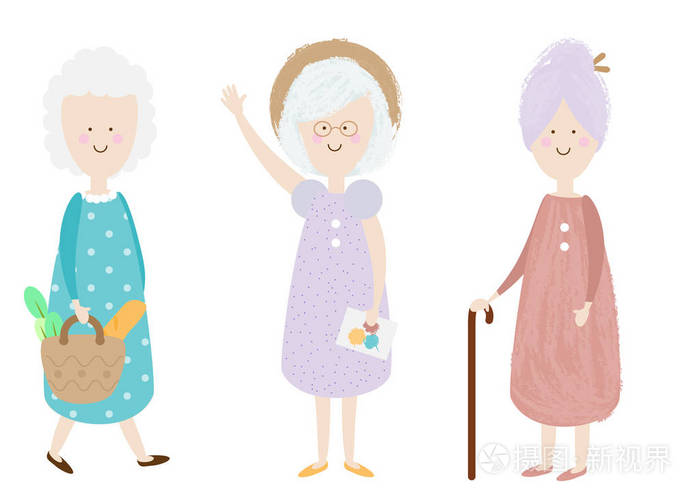 老年妇女.快乐的老太太.动画片资深女性.祖母购物, 站着.退休活动.