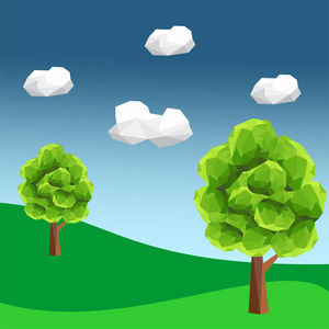 抽象多边形绿色景观与树木在山上。矢量图形背景