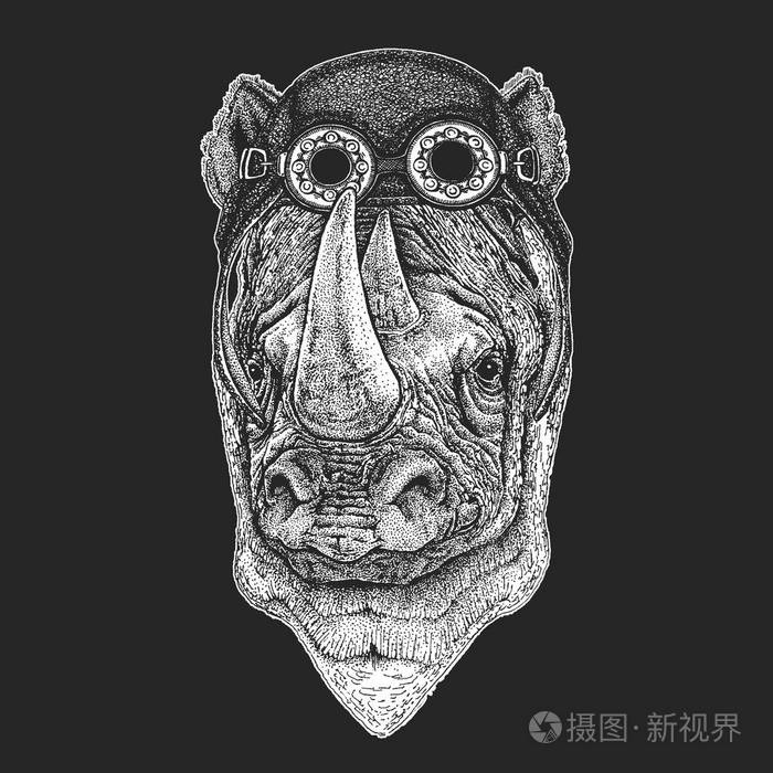 犀牛犀牛手画的纹身插图徽章徽章标志补丁t恤凉爽的动物穿着飞行员