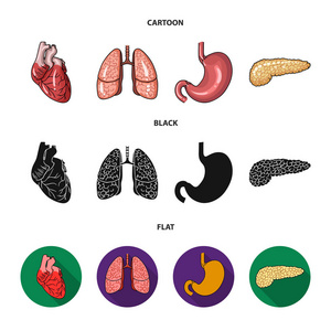 心肺胃胰人体器官集合图标在卡通, 黑色, 平面式矢量符号股票插画网站