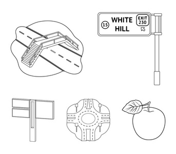 大纲样式中的方向标志和其他 web 图标。集合中的路口和标志图标