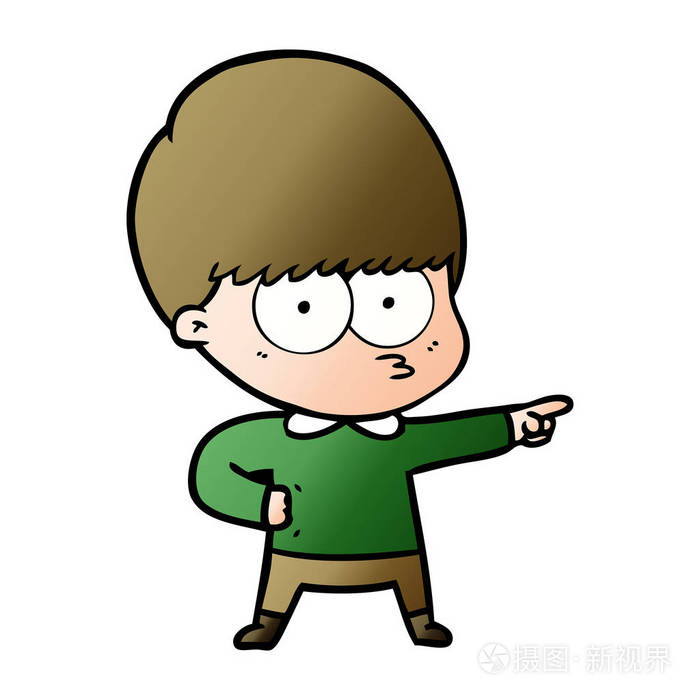 紧张的卡通男孩指着
