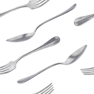 白色背景下的金属勺子和叉子无缝图案