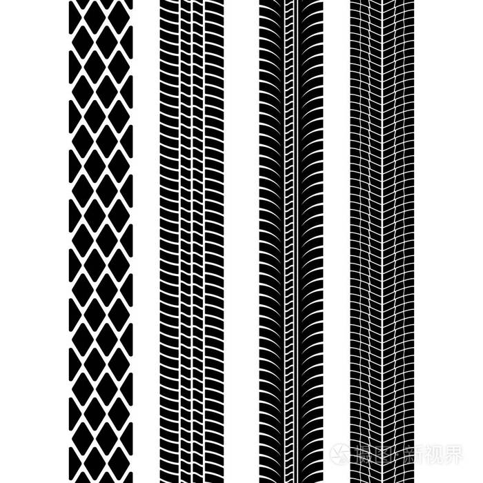 一套详细的轮胎印.现代轮胎胎面.轮胎标记黑色.矢量插图