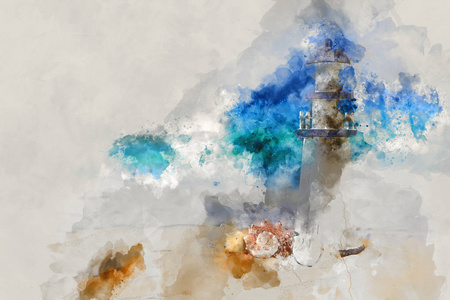 海贝壳与灯塔航海概念的抽象水彩风格阐释