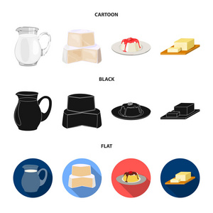 牛奶, 钙, 产品, 食物。牛奶产品和甜集合图标在卡通, 黑色, 平面式矢量符号股票插画网站