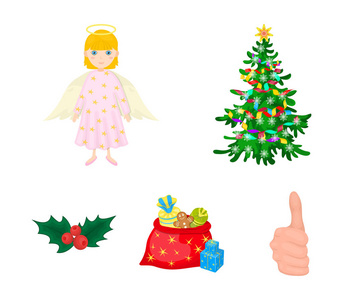 圣诞树, 天使, 礼物和冬青卡通图标在集合为设计。圣诞节矢量符号股票网页插图