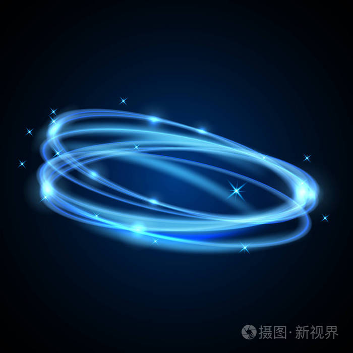 圆蓝色光扭曲闪光圈闪光效果黑色背景上的发光魔术环迹线