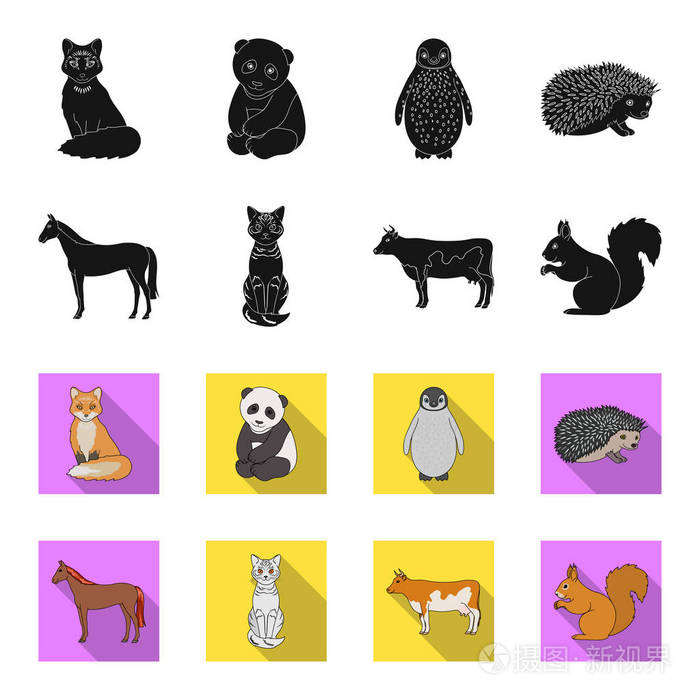 马 牛 猫 松鼠和其他种类的动物 动物集合图标黑色 Flet 风格矢量符号股票插画网站插画 正版商用图片03xkdy 摄图新视界