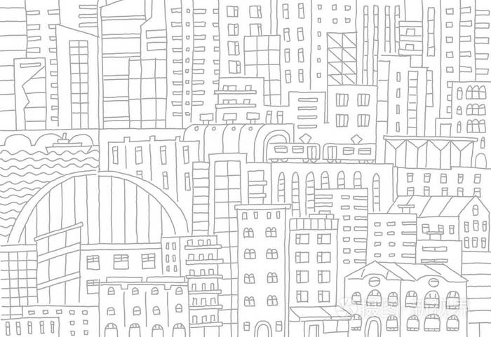 灰色线骨架笔画现代建筑景观.手绘矢量股票插画