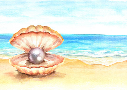 珍珠在贝壳在夏天热带海滩与金黄沙子.手绘卧式水彩插图照片