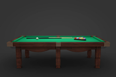 3d. 用两个提示杆和一个球架在其表面上的台球桌的渲染