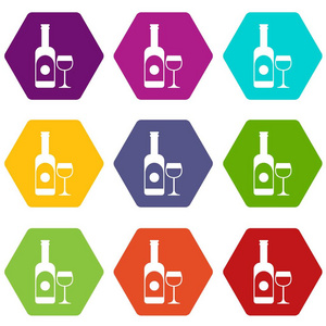 葡萄酒和玻璃图标设置颜色六面体