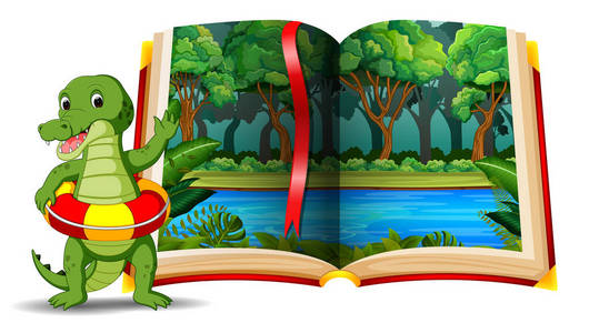 森林场面在书和鳄鱼
