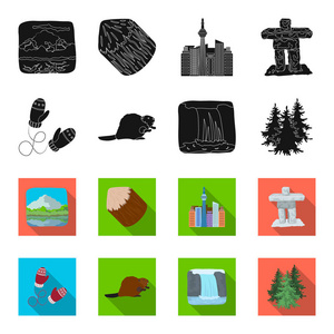 加拿大冷杉, 海狸和其他标志的. 加拿大设置集合图标黑色, flet 样式矢量符号股票插画网站