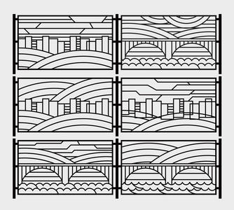 栅栏或壁炉炉排的装饰烤架。风格化的图形城市, 河流, 桥梁, 天空。矢量图形。线条图